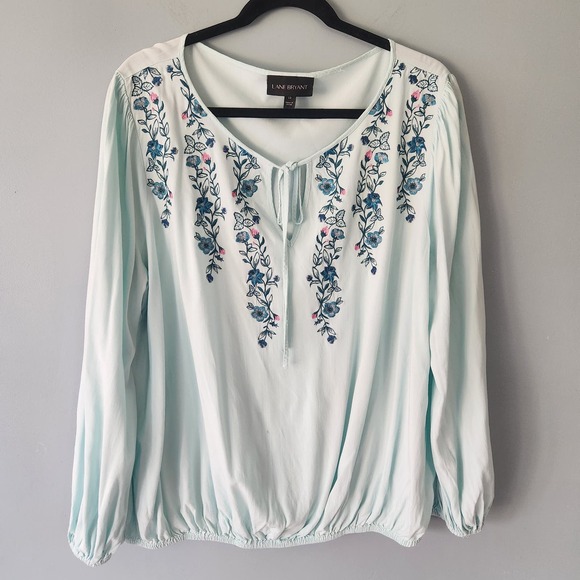 LANE BRYANT Light Blue Embroidered Long Sleeve Blouson Top - Size 18 - Picture 1 of 8